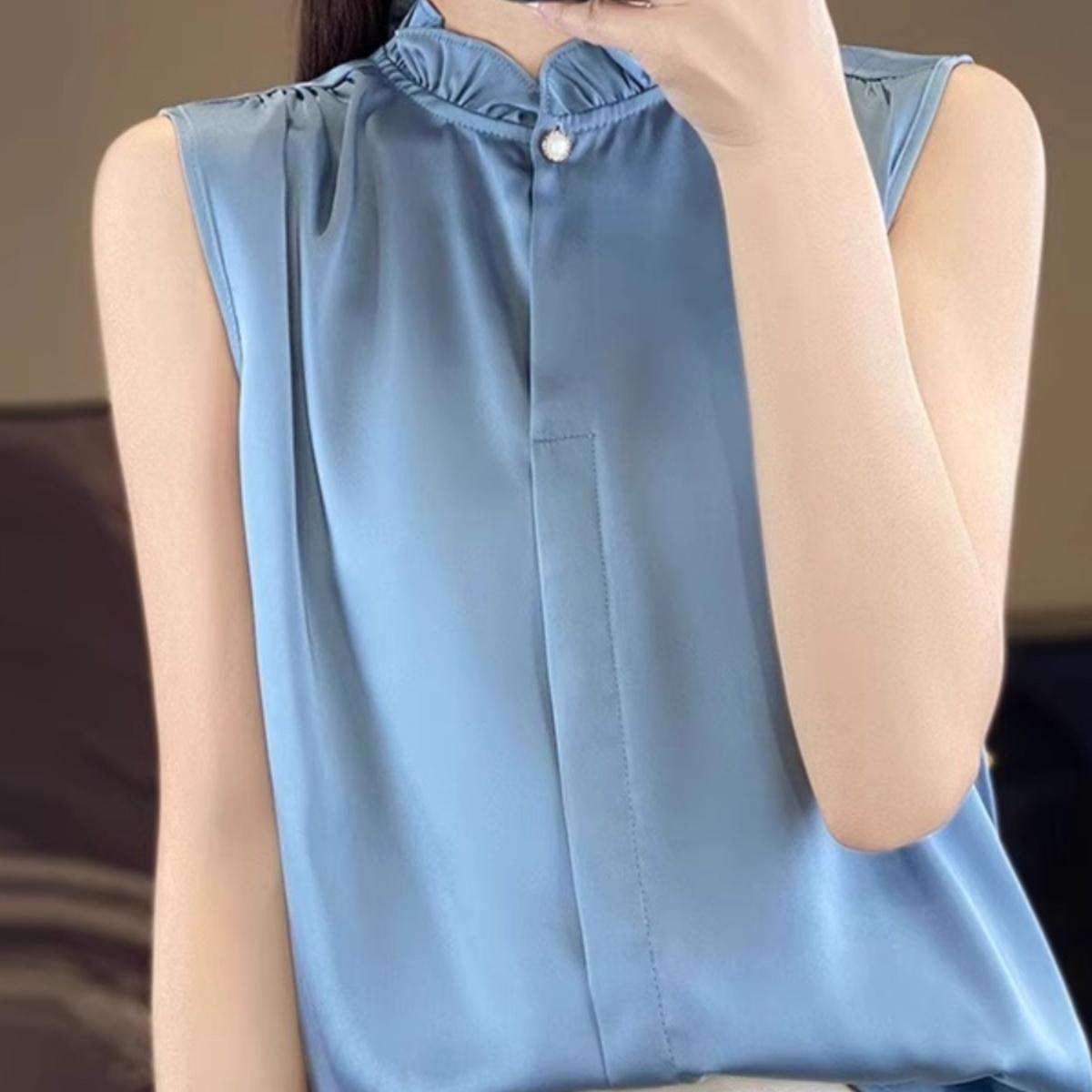 フリルブラウス パール付きフリル襟スタンドカラーブラウス