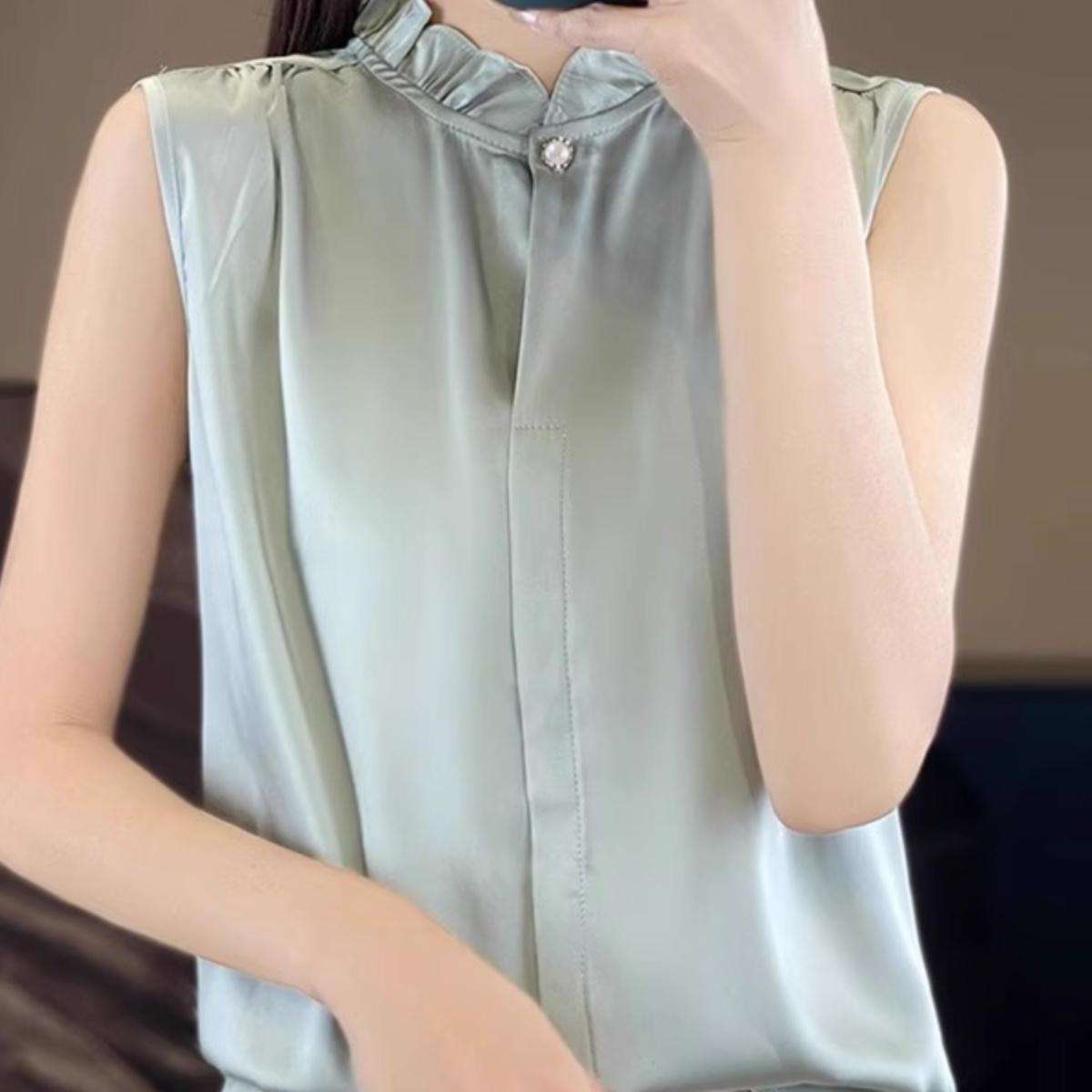 フリルブラウス パール付きフリル襟スタンドカラーブラウス