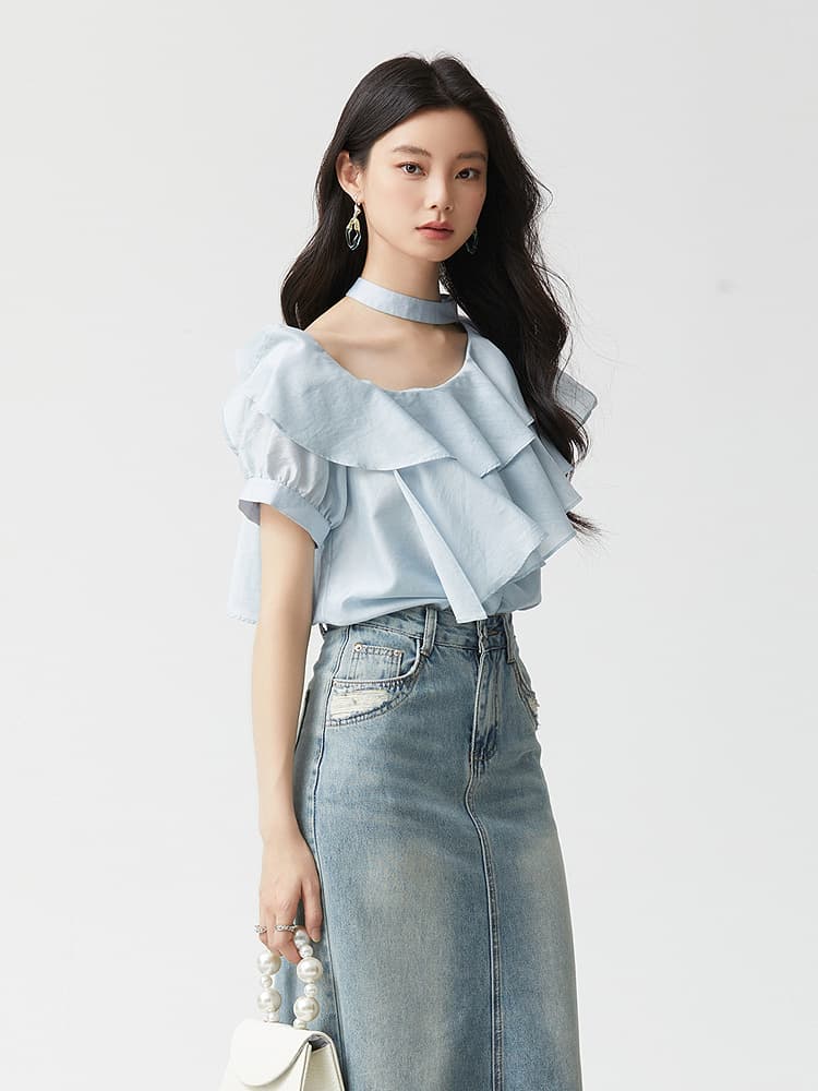 フリルブラウス 二段重ねフリルチョーカーブラウス