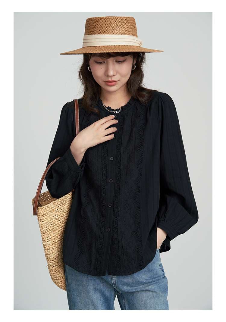 フリルブラウス 首元フリル レース刺繍 ブラウス