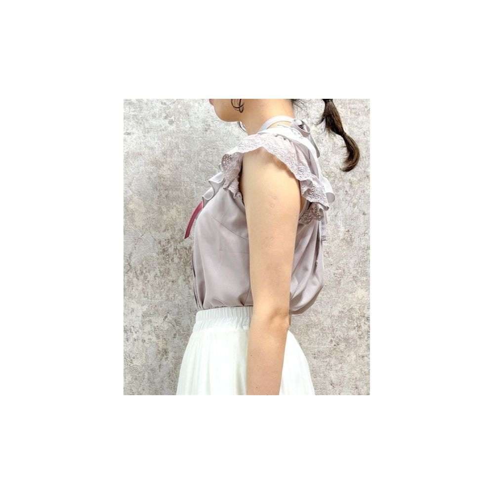 クロスネックレース袖フリルブラウス