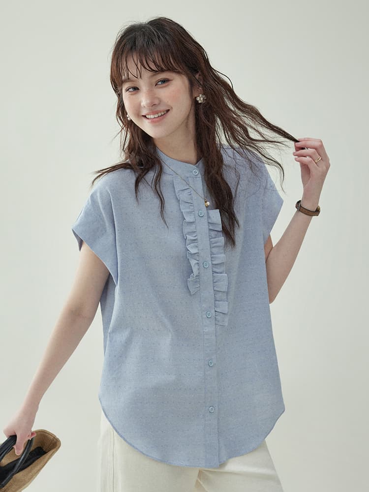 フリルブラウス 縦フリル飾り 上品ノースリーブブラウス