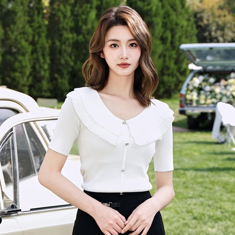 フリルブラウス フェミニン襟フリルリブニットブラウス