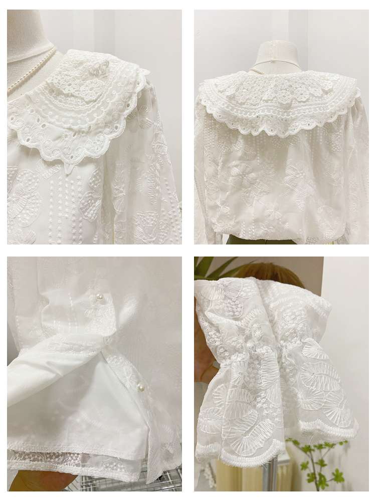 フリルブラウス レース襟付き レトロ調刺繍ブラウス