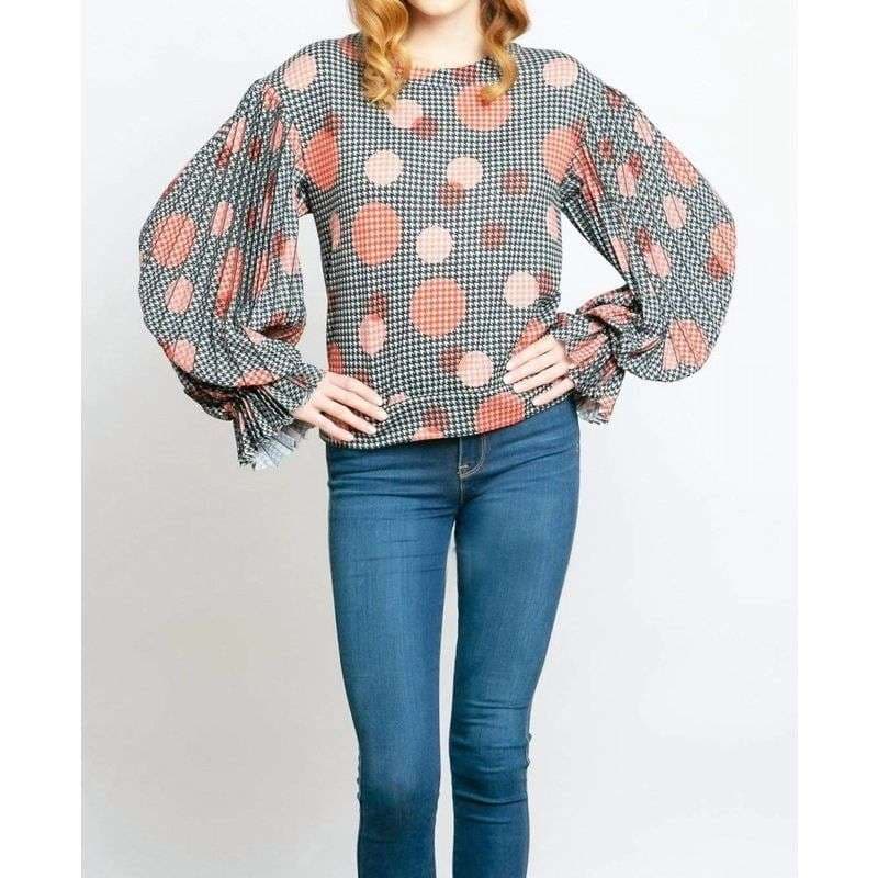 フリルブラウス 幾何学模様ドット柄フリル袖ブラウス