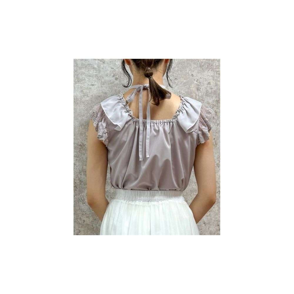 クロスネックレース袖フリルブラウス