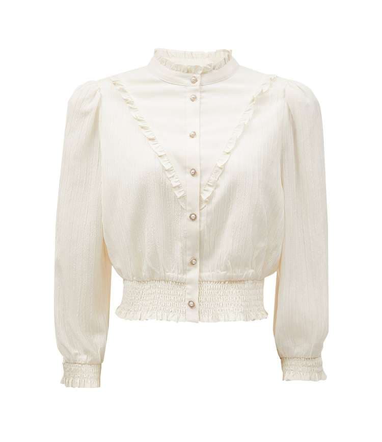 フリルブラウス フリル襟付き七分袖シャーリングブラウス