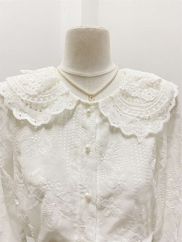 フリルブラウス レース襟付き レトロ調刺繍ブラウス