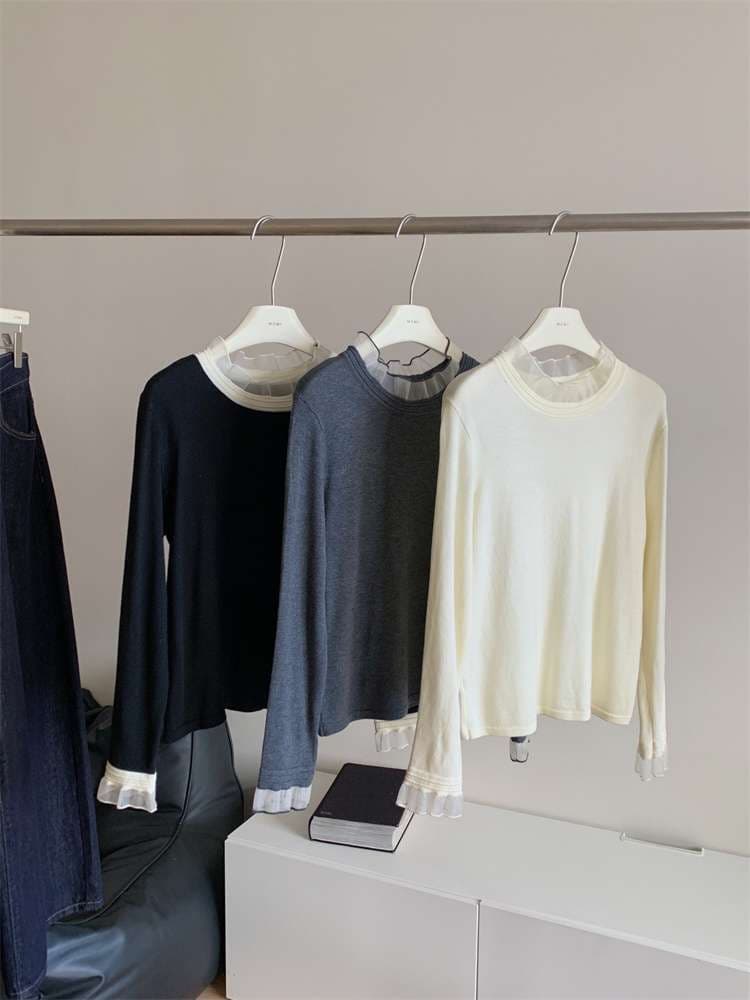 フリルブラウス フリル付きリブニット襟ブラウス