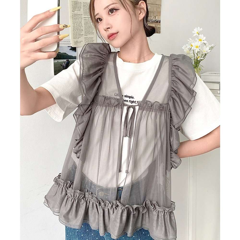 シフォン シースルー フリルブラウス