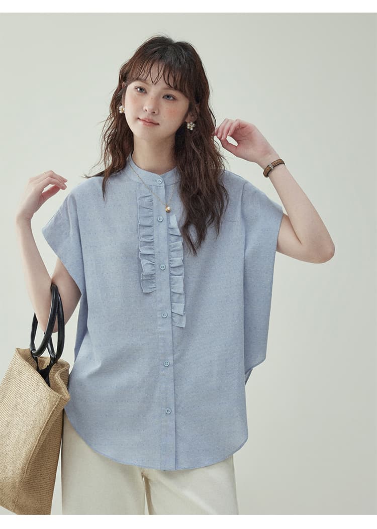 フリルブラウス 縦フリル飾り 上品ノースリーブブラウス