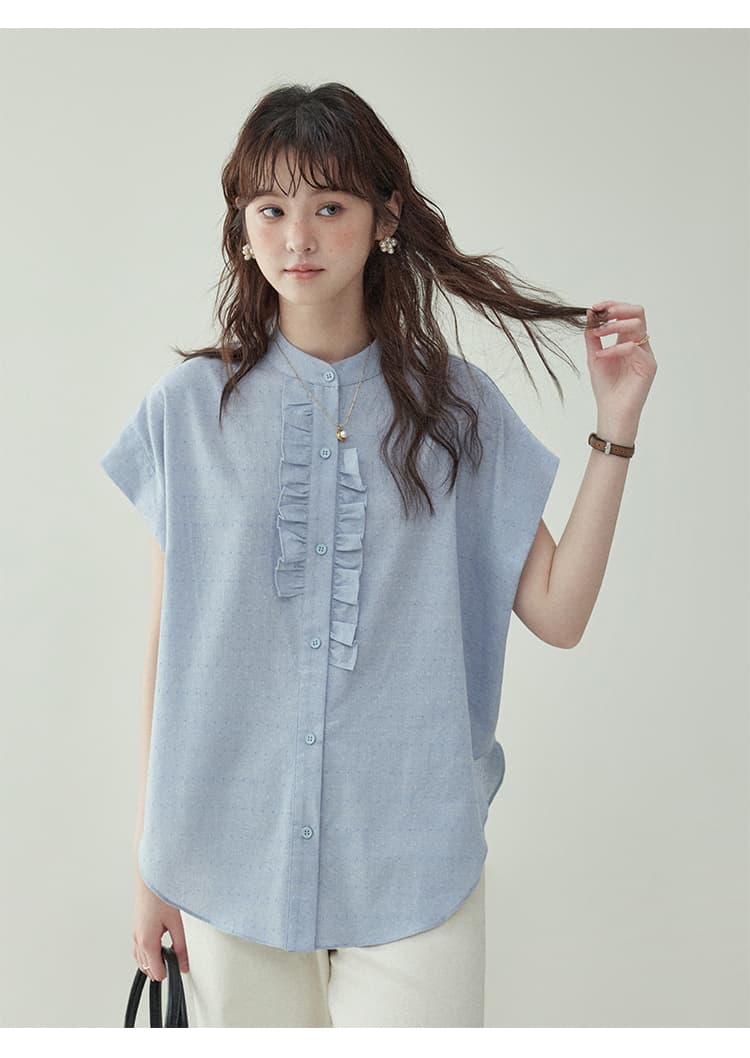 フリルブラウス 縦フリル飾り 上品ノースリーブブラウス