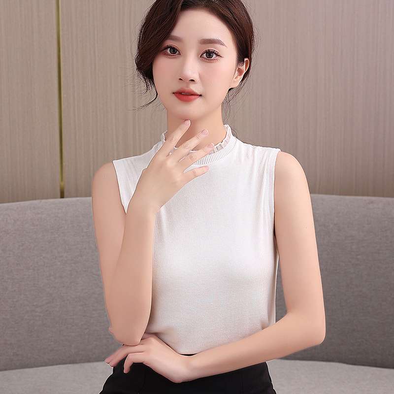 フリルブラウス シンプル フリルネック ノースリーブブラウス