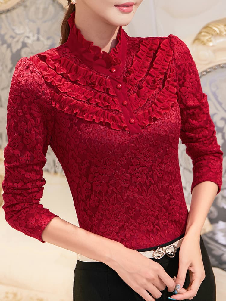 フリルブラウス レース調フリル襟付きブラウス