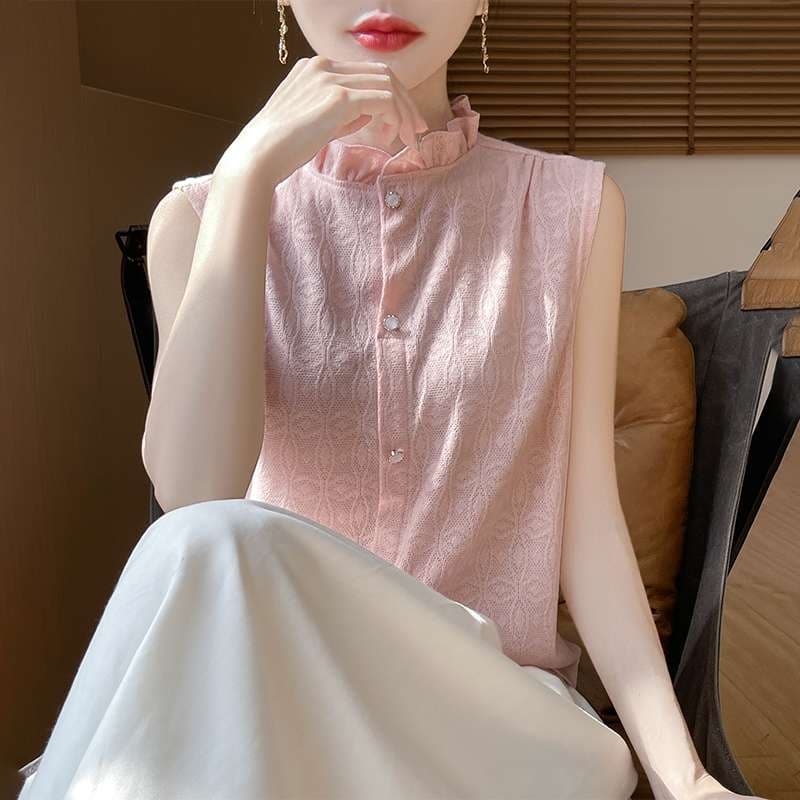 フリルブラウス フリル襟シャーリングノースリーブブラウス