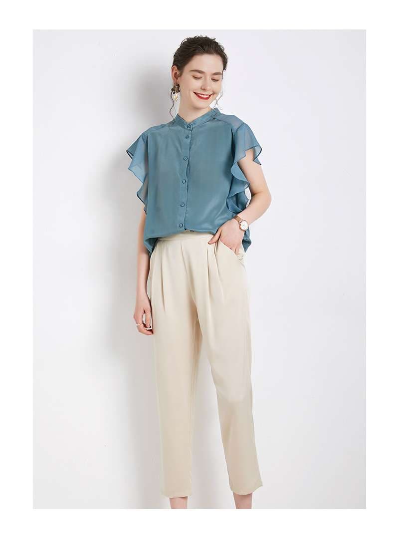 フリルブラウス フリル袖デザインスタンドカラーブラウス