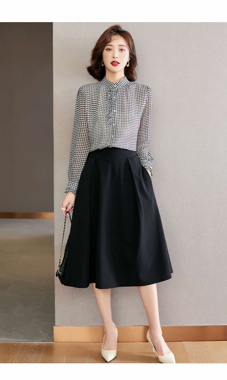 フリルブラウス エレガント千鳥格子ブラウス