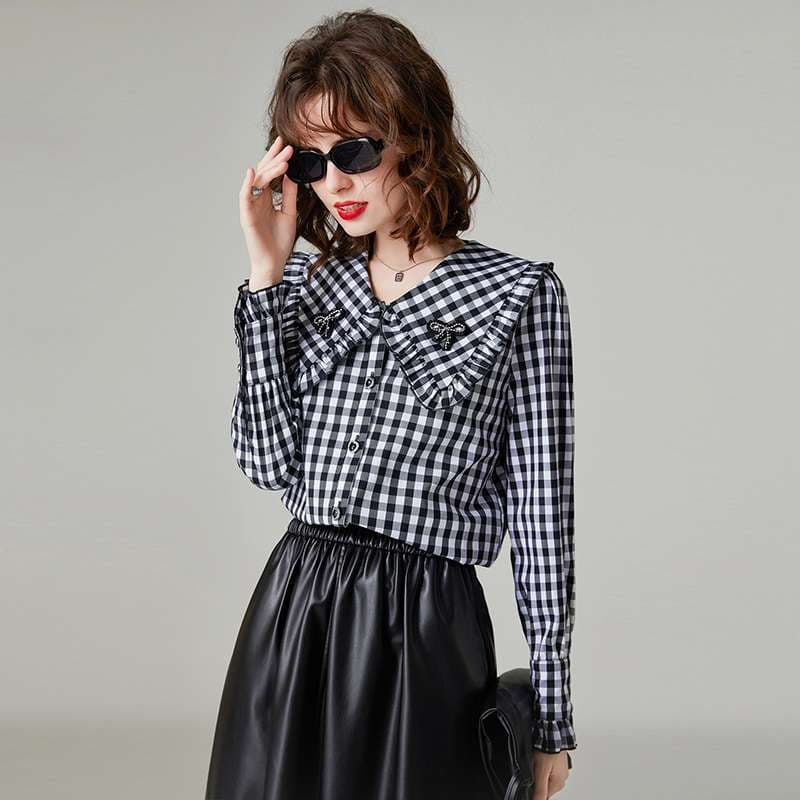 ギンガムチェック襟フリルブラウス