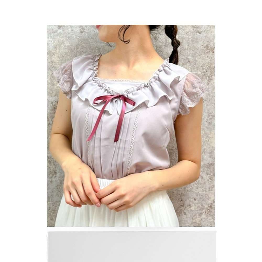 クロスネックレース袖フリルブラウス