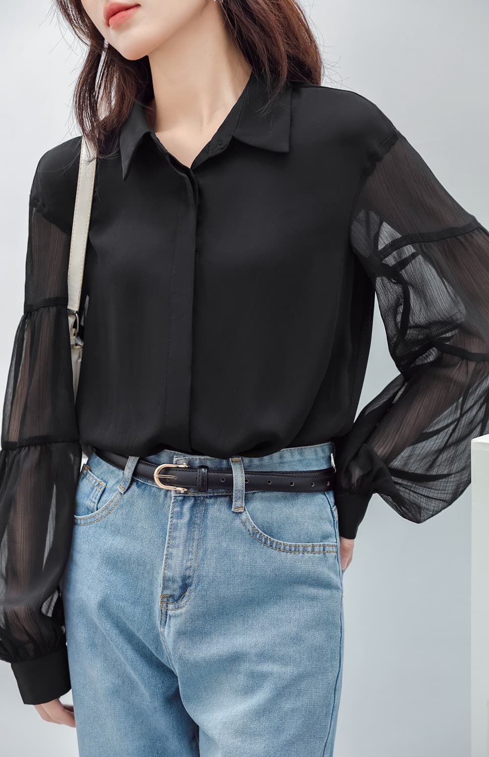 フリルブラウス 透け感シフォンボリューム袖フリルシャツ