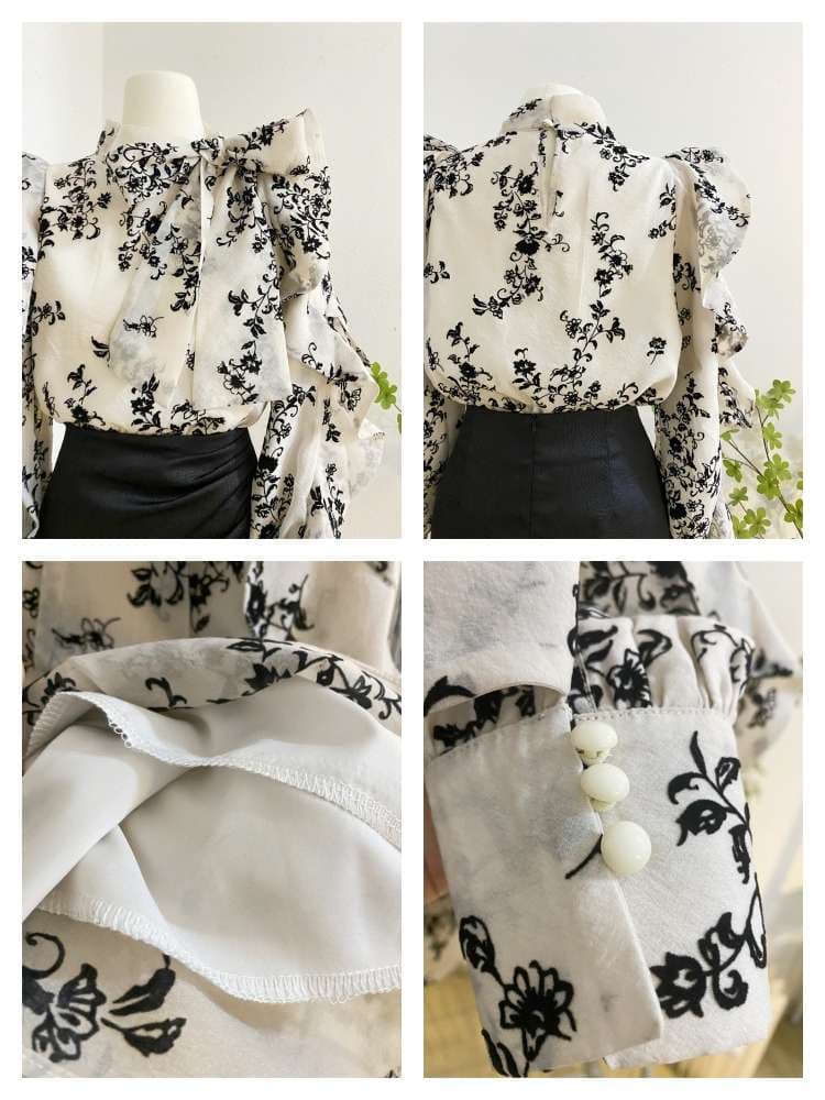 フリルブラウス 花柄デザイン フリルスリーブ シャーリングブラウス