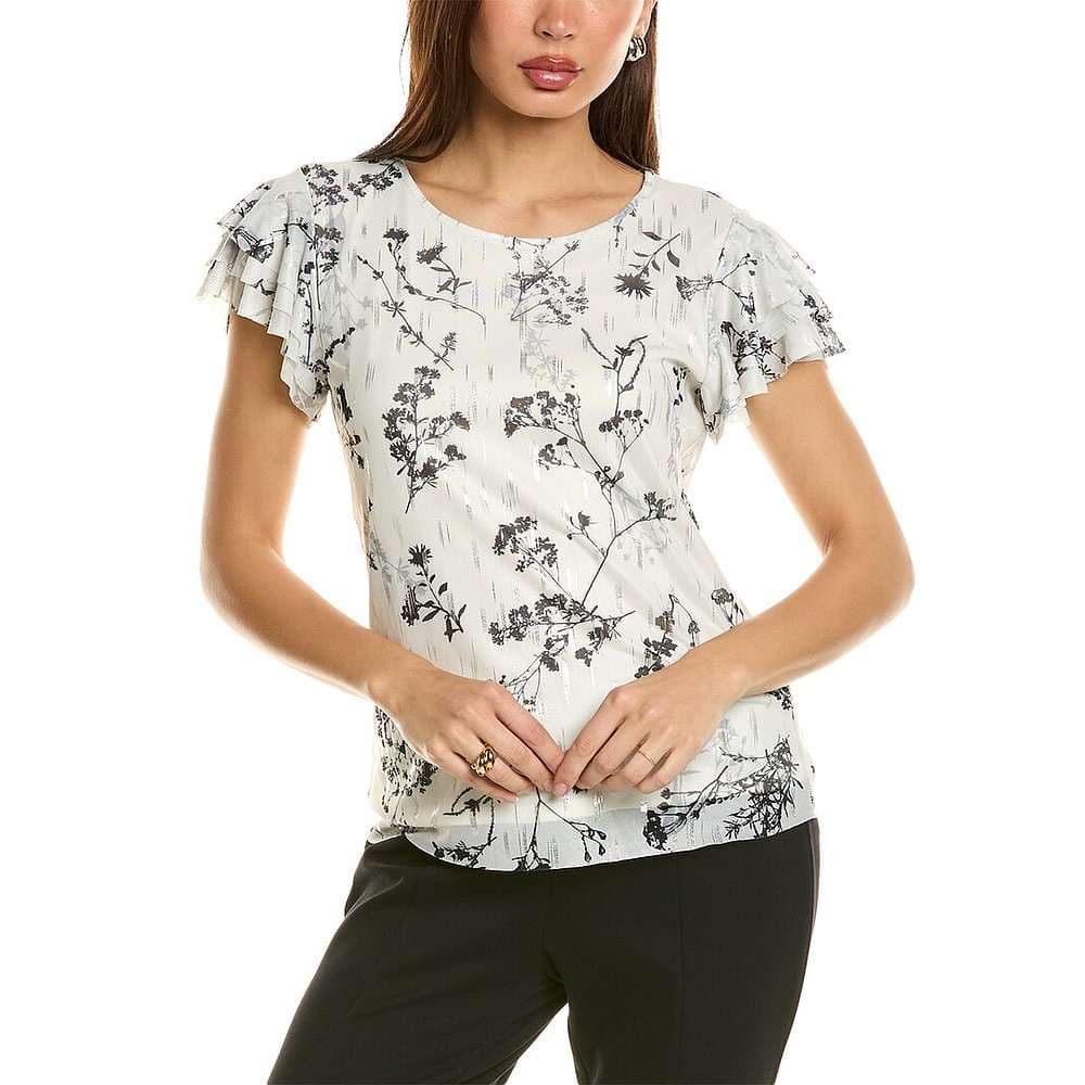 フリルブラウス 花柄フリル袖ブラウス