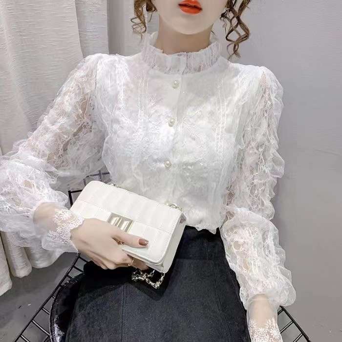 フリルブラウス レースフリル付き透かし袖ブラウス