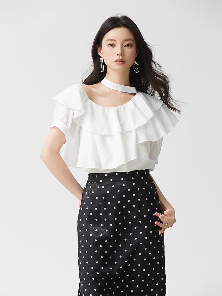 フリルブラウス 二段重ねフリルチョーカーブラウス