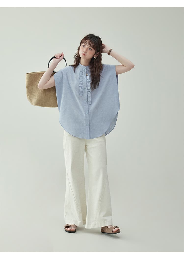 フリルブラウス 縦フリル飾り 上品ノースリーブブラウス