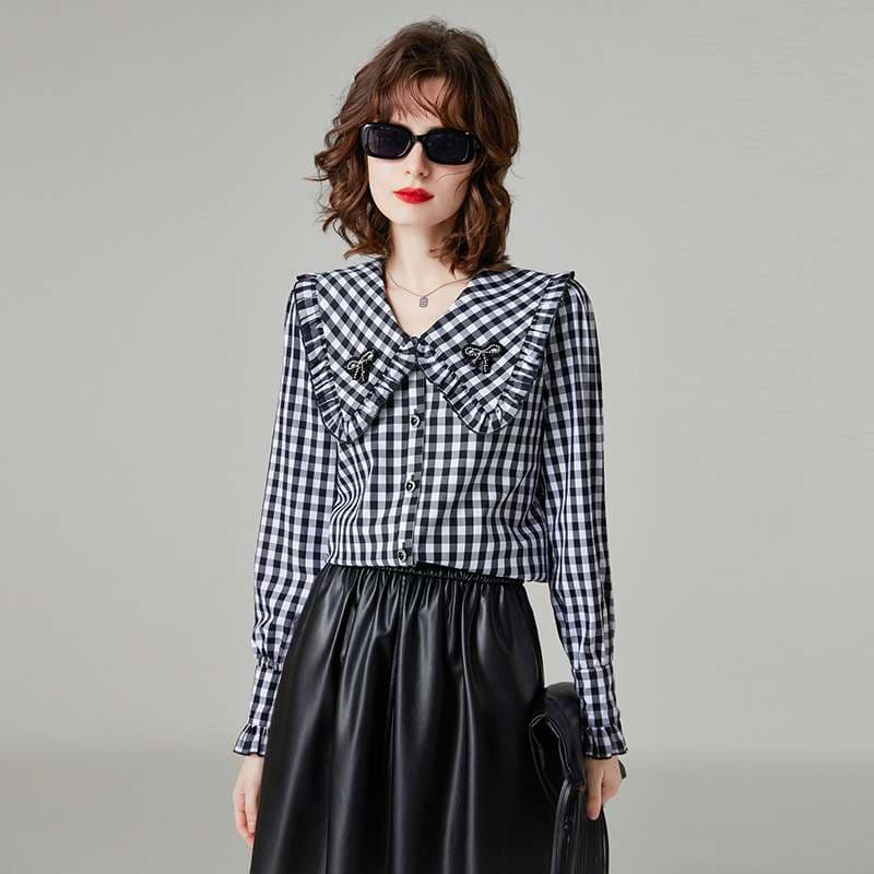 ギンガムチェック襟フリルブラウス