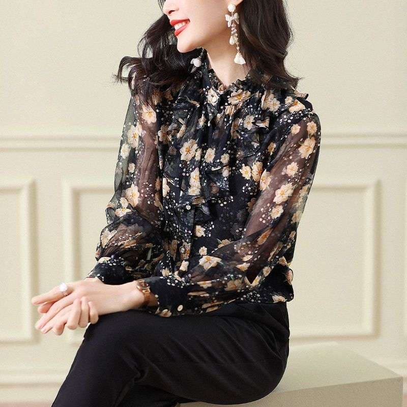 フリルブラウス 花柄シフォン フリルネックブラウス