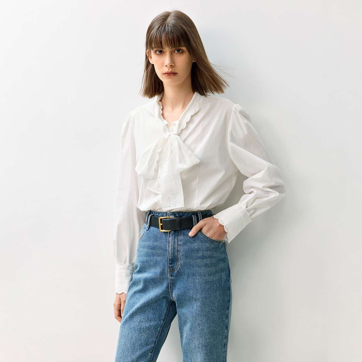 フリルブラウス レース襟フリル付きリボンブラウス