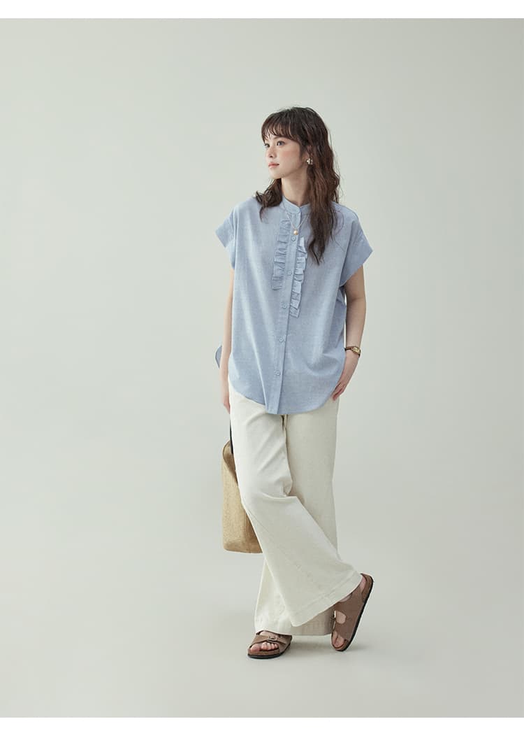 フリルブラウス 縦フリル飾り 上品ノースリーブブラウス