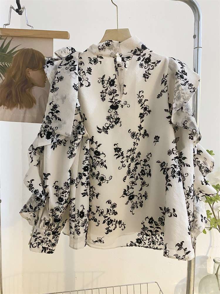 フリルブラウス 花柄デザイン フリルスリーブ シャーリングブラウス