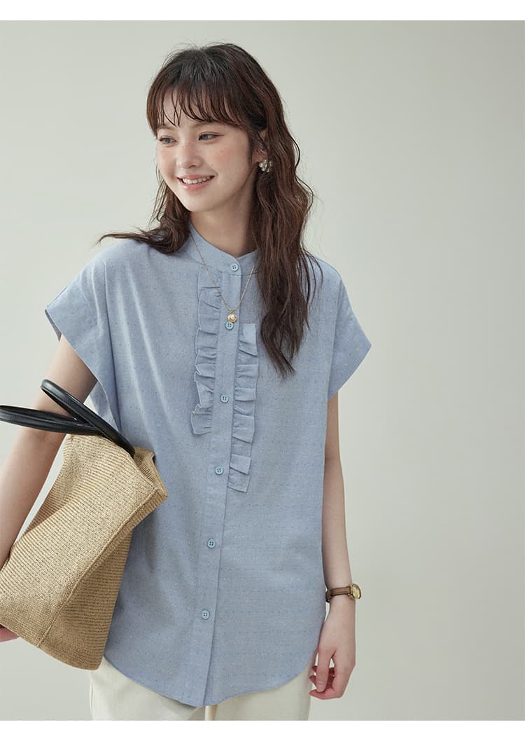 フリルブラウス 縦フリル飾り 上品ノースリーブブラウス