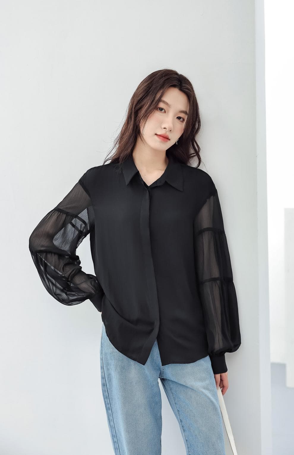 フリルブラウス 透け感シフォンボリューム袖フリルシャツ