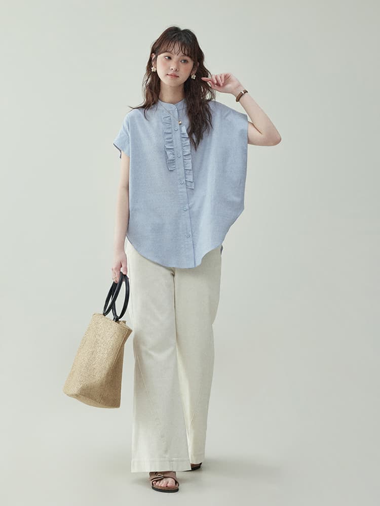 フリルブラウス 縦フリル飾り 上品ノースリーブブラウス