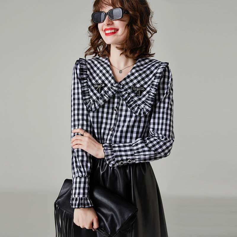ギンガムチェック襟フリルブラウス