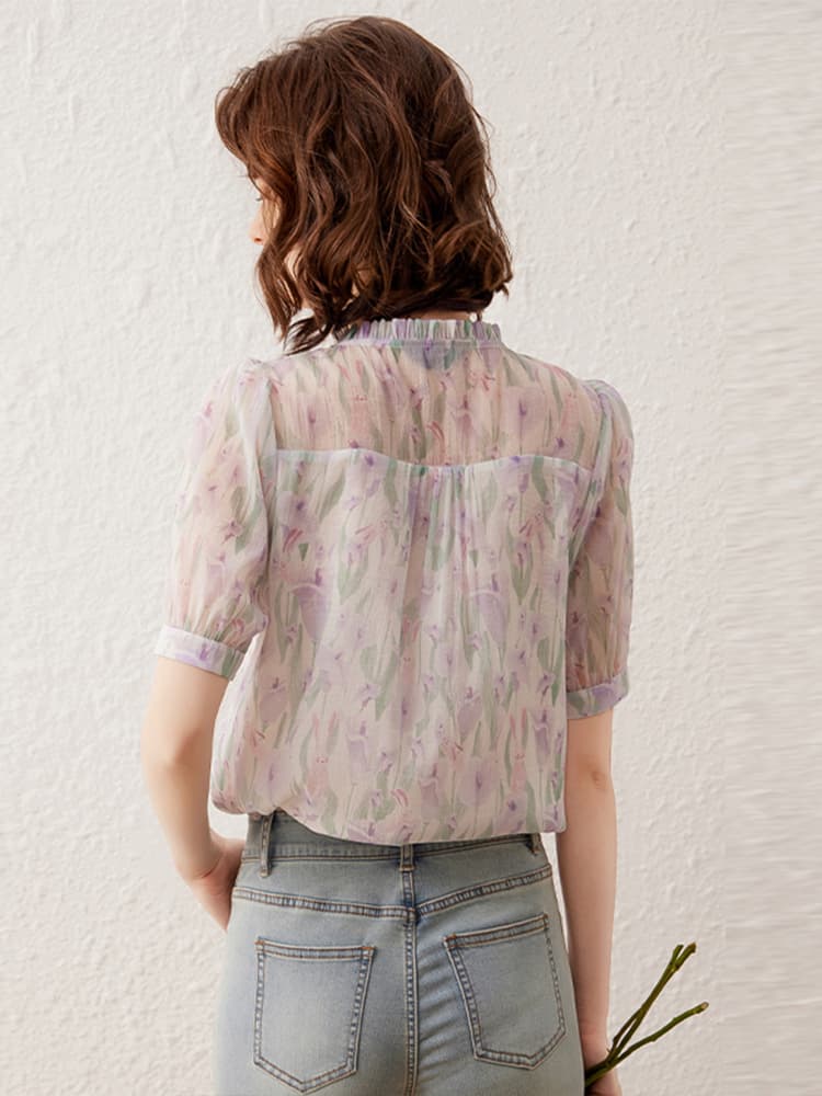 フリルブラウス 花柄シアーフロントフリルブラウス